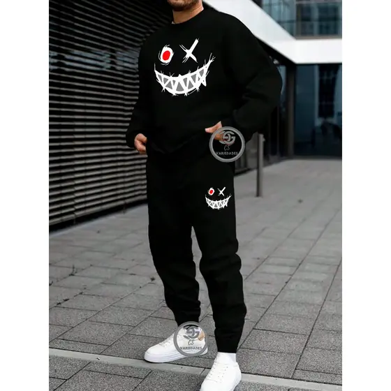 Conjunto de moletom Smiley desenhos Gola redonda moda casual solto moletom masculino e Feminino Blusa + Calça moletom