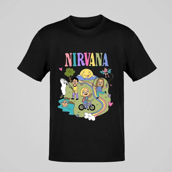 Camiseta Nirvana Estampa Colorida Cartoon – Banda de Rock Alternativo – Unissex