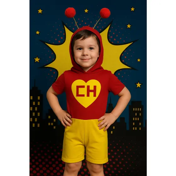 FANTASIA INFANTIL CHAPOLIM COLORADO COM ANTENINHAS MENINOS ANIVERÁRIOS FESTAS CARNAVAL