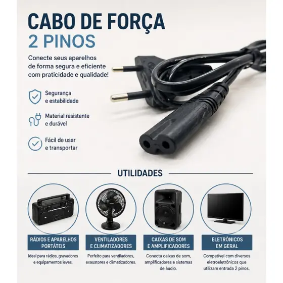 Cabo De Energia Bipolar Para PS3 PS4 Impressora TV Rádio 1,5 Metros
