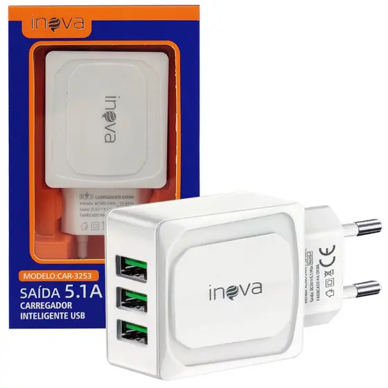 Carregador Celular 3 Entradas USB Fonte Tomada 5.1A Turbo Rápida 9001.