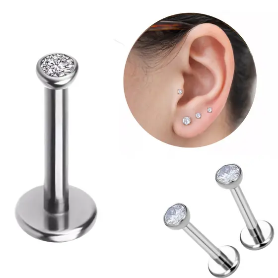 KIT 2 Piercing Titânio Ponto Luz Zircônia Tragus Helix Conch Labret Pvd Dourado Prata, Gold Silver