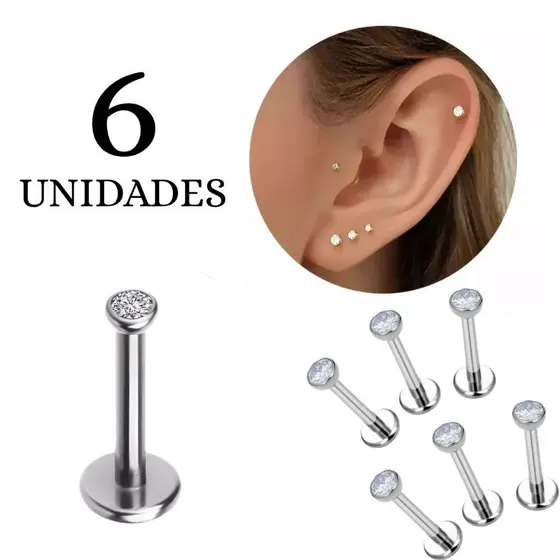 KIT 6 Piercing Titânio Ponto de Luz Zircônia Helix Conch Labret Tragus Pvd Dourado, Prata, Gold, Silver