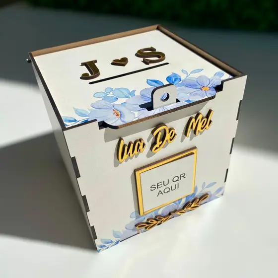 CAIXA PARA CASAMENTO LUA DE MEL AZUL FLOR AZUL SERENITY PERSONALIZADA COM INICIAIS GRAVATA