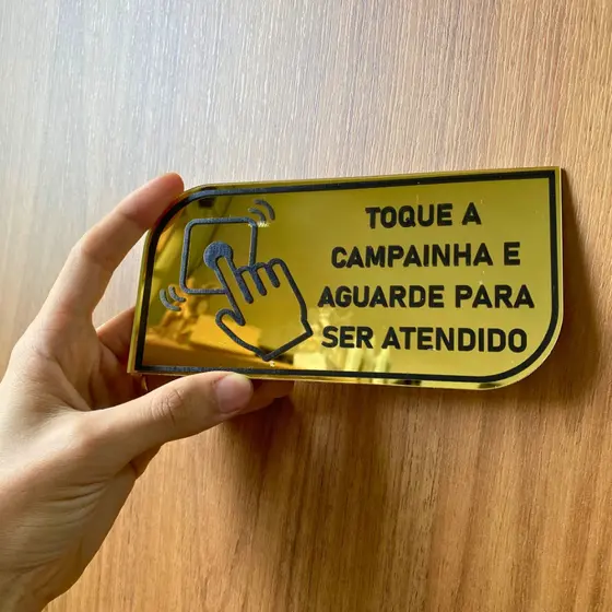 Placa Toque a Campainha Acrílico Espelhado 17x8cm com Fita Dupla Face