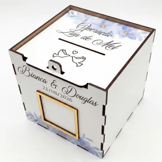 Caixa Pix Casamento Floral Azul Personalizada Corte da Gravata Operação Lua de Mel QR Code MDF 13cm