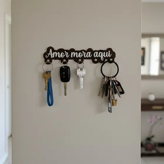 Porta Chaves de Parede em Mdf Preto Decorativo com Ganchos com fita Dupla face sem furo