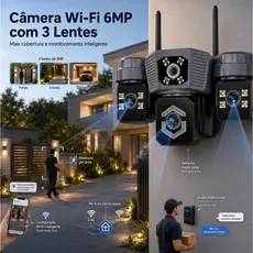 Câmera de Segurança Wi-Fi 6MP com 3 Lentes, Dual Band 2.4G/5G, Visão Noturna Colorida, Áudio Bidirecional, Detecção de