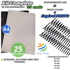 Kit p/ Encadernação 75 un | 25 Capas A4 TRANSPARENTE LINE + 25 A4 PRETO COURO + 25 Espirais PRETO