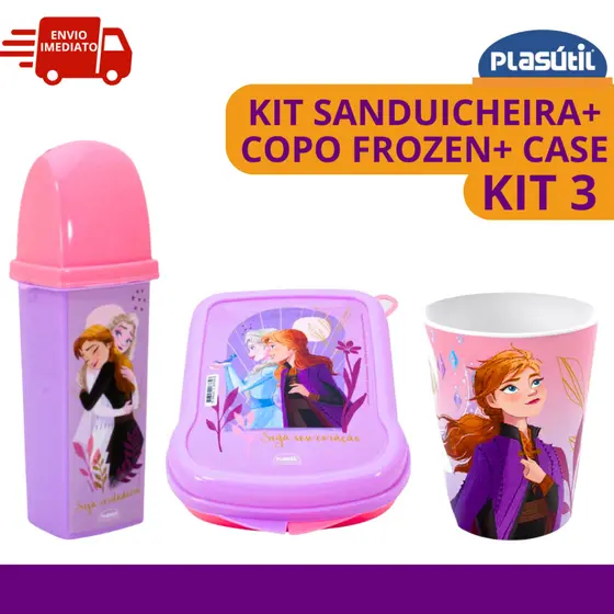 Jogo Frozen Infantil Elsa e Ana Case Dental + Sanduicheira + Copo 320ml Lancheira Higiene Plasútil