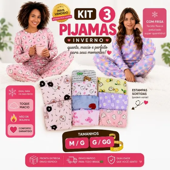 KIT COM 2 OU 3 CONJUNTO PIJAMA INVERNO QUENTINHO CALCA E BLUSA ESTAMPADO ADULTO FEMININO