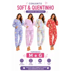 Pijama Soft Feminino Inverno Fleece Peluciado Quentinho Com Bolso e punho Estampa aleatoria