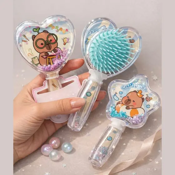 Escova de Cabelo Infantil Capivara Pequena com Lantejoula Brilho Colorida Pente com Glitter Líquido