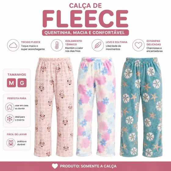 Calça Pijama Feminina Fleece Peluciada Quentinha Inverno Estampada