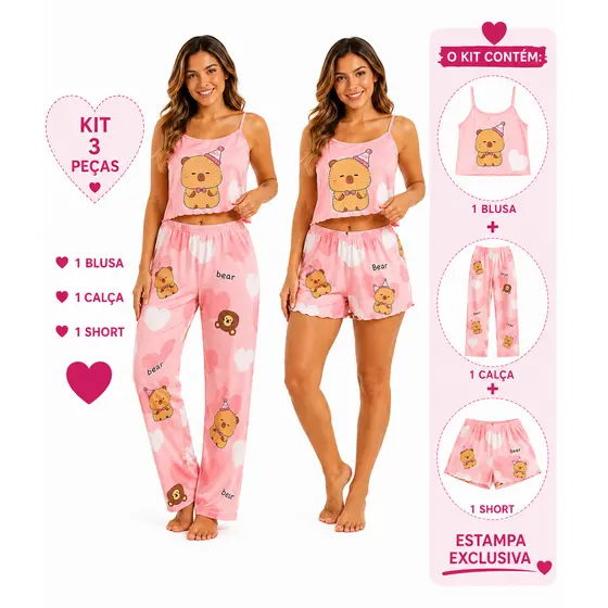 Pijama Feminino 3 Pecas Blusa Alca Calca Short 4 Estampas Disponíveis Confortável
