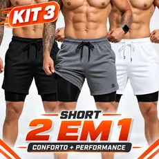 Kit 3 Shorts Duplo 2 em 1 para Treino | Com Bolso Interno Secreto e Forro de Compress茫o