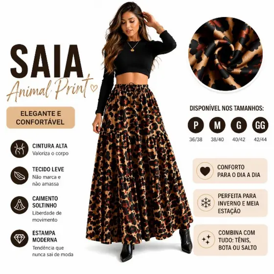 Saia Longa 3 Marias Feminina Estampa Oncinha Elástica