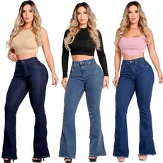 Kit 03 Calças Flare Cós Super Alto Amaciada Marmorizada Azul Clara Empina BumBum
