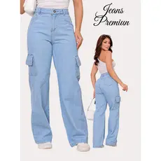 Calça Cargo Widleg Mon Feminina Jeans Clara Boyfrend Cintura Alta  Bolsos Pantalona Estilo Blogueira