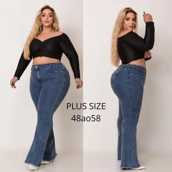 Calça Jeans Flare Plus Size Cintura Alta Lycra Elastano Premiun Efeito Levanta Bumbum Curve Premier