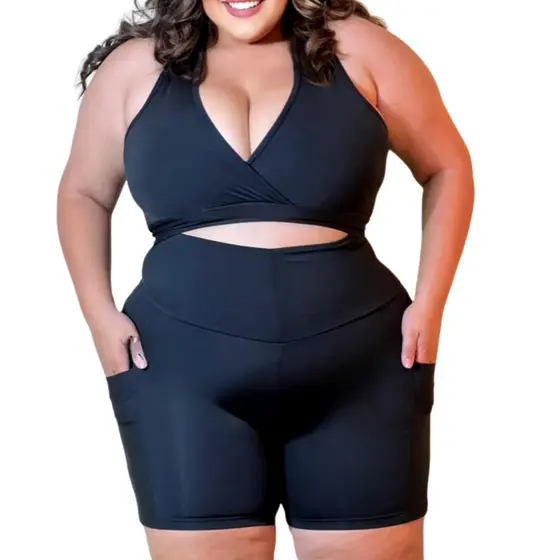 Bermuda Feminina Plus Size Suplex Com Bolsos Cintura Alta Grossa Academia GG ao G3