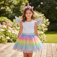 Fantasia Menina Unicórnio Completa Carnaval Saia Tule Led + Tiara unicórnio + Asa Degrade