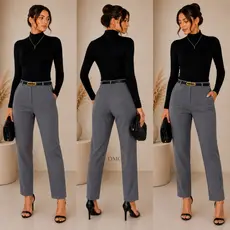 Conjunto Feminino Body Gola Alta Manga Longa + Calça Alfaiataria Com Cinto - ENVIO IMEDIATO !!