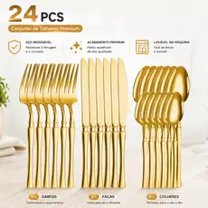 Jogo de Talheres Ouro Dourado Aço Inox 24/30/48 Peças  – Garfo Colher Faca Conjunto Completo Cozinha Presente