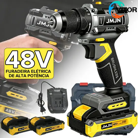 Furadeira Elétrica 48V com Motor Sem Escovas, Baterias de Lítio de Alta Potência Iluminação LED e Velocidade Dupla VITOR
