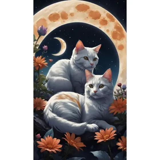 Quadro Decorativo 2 Gatos Brancos na Lua