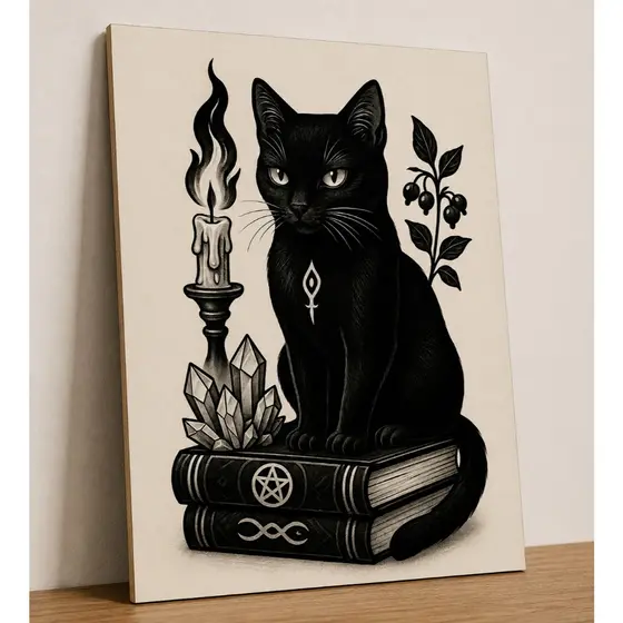 Quadro Decorativo Gato Preto Wicca