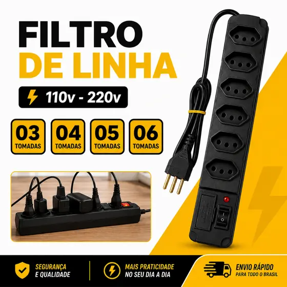 Filtro de Linha Régua Elétrica Bivolt 03, 04, 05, 06 Tomadas 10A Tripolar c/ Interruptor e Fusível de Proteção