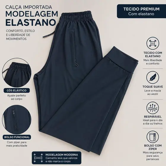 Cal莽a Jogger Masculina Premium Bolso com Z铆per Elastano Casual Esportiva Tecido Leve Respir谩vel Macio