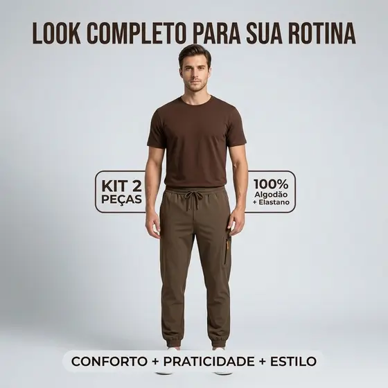 Conjunto Masculino Camiseta 100% Algod茫o + Cal莽a Jogger Elastano Kit 2 Pe莽as Casual Esportivo Academia