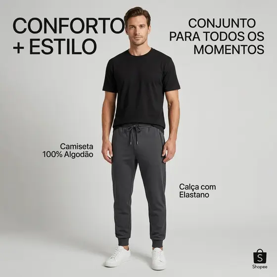 Kit Conjunto Masculino Camiseta 100% Algod茫o + Cal莽a Jogger com Elastano Casual Esportivo Premium