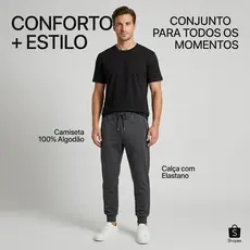 Kit Conjunto Masculino Camiseta 100% Algod茫o + Cal莽a Jogger com Elastano Casual Esportivo Premium
