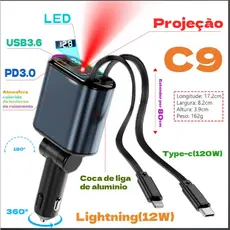 Carregador Veicular TIPO-C + USB Turbo Carregamento rápido/Universal 45W