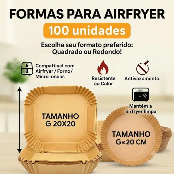 Kit 100 Formas Descartáveis para Airfryer Quadrada ou Redonda Forro Papel Antiaderente Impermeável