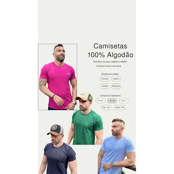Camiseta BRUTHA TEAM Gola O Básica Lisa Masculina 100% Algodão Reforço Ombro a Ombro Não Encolhe e Não Desbota Premium