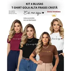 KIT 4 BLUSAS Tshirts Gola Alta Feminina 100% Algodão Manga Curta Frase Cristã Elegante Eis me aqui