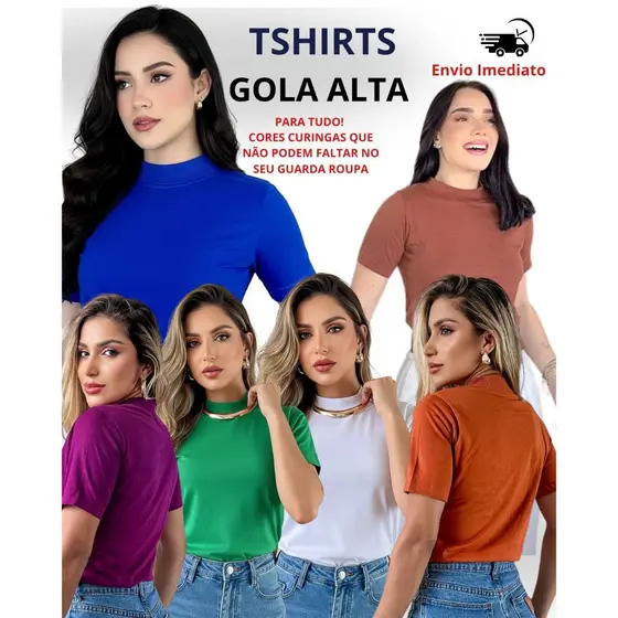 Camiseta Blusa Feminina Tshirt Gola Alta 100% Algodão Manga Curta Básica Estilosa