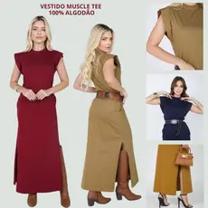 Vestido Feminino Midi de Algodão Premium Elegante com Fendas nas Laterais Muscle Tee