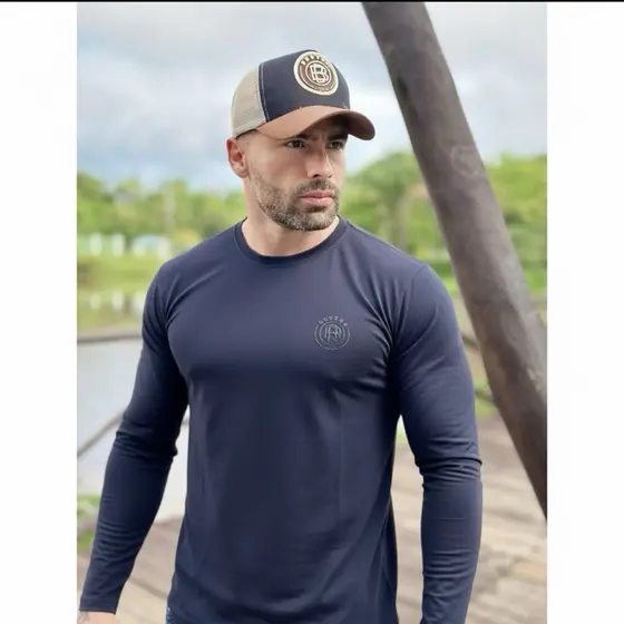 Camiseta Manga Longa Algodão Masculina Casual Estiloso Malha Premium