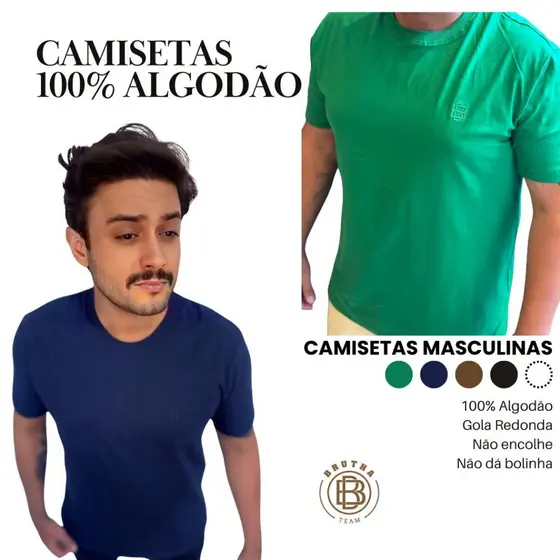 Camiseta Gola o Gola Careca Básica 100% Algodão Fio 30 Penteado Unissex ou Masculina Economica