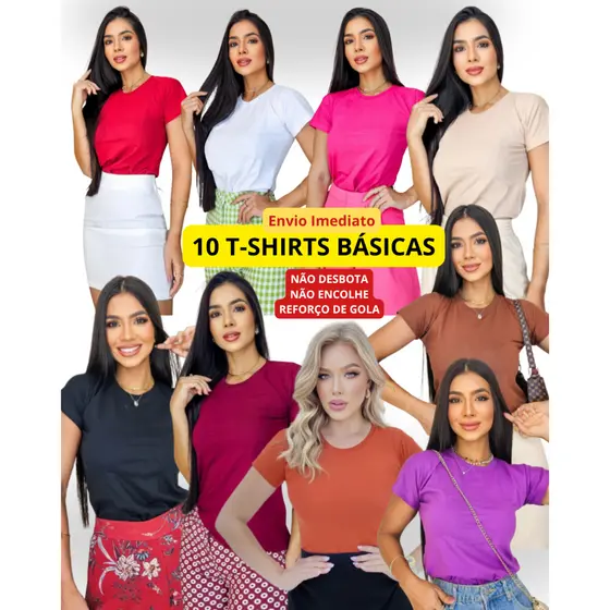 Kit 10 tshirts blusa feminina básica lisa 100% Algodão Modelagem Babylook Elegante Gola O