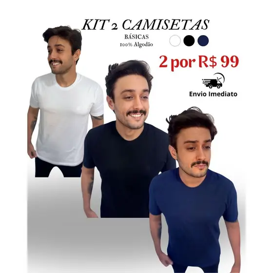 Kit 02 Camisetas Gola O 100% Algodão fio 30 penteado