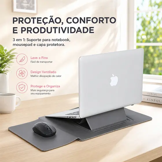 Capa Para Notebook Stand Macia De Couro PU 3 em 1 - Capa + Tripé + Mouse Pad 13,3 e 15-16,2 Polegadas Bolsa
