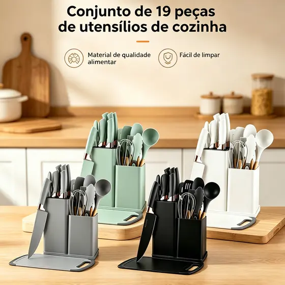 Kit 19/12/6 Peças Jogo de Utensílios Para Cozinha em Silicone Com Cabo de Madeira Completo