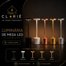 Luminária de Mesa Abajur Cabeceira Escrivaninha LED 3 em 1 Recarregável Tipo C Preto Cromado Dourado