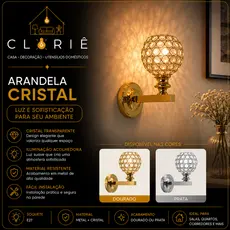 Arandela Parede Metal Cristal Moderno Elegante Sala Quarto Lavabo Banheiro Bocal E27 Dourada e Cromada